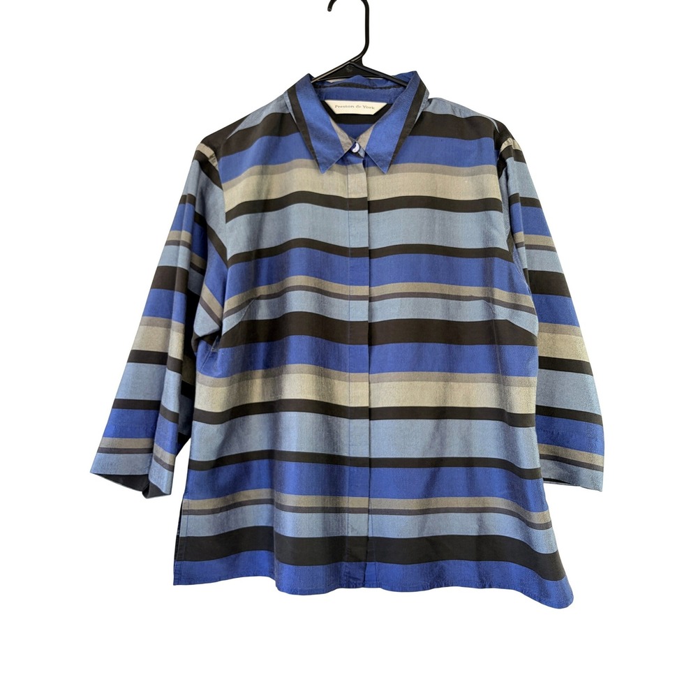 Vtg PRESTON & YORK 100% Silk Striped Button Down Shirt Blue Black L Academia